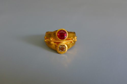 SIJS, 22k ancient style rings, medieval style ring, ruby diamond ring antique, ancient ruby ring, 22k cigar band ring gold