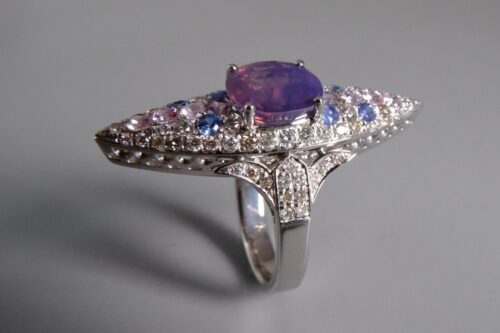 Purple Kashmir Sapphire, SIJS, sapphire navette ring, purple sapphire ring with diamonds, navette ring style